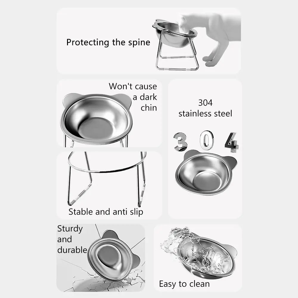 Elevated 15° Tilted Cat Bowl – Stainless Steel, Anti-Spill & Neck Protection
